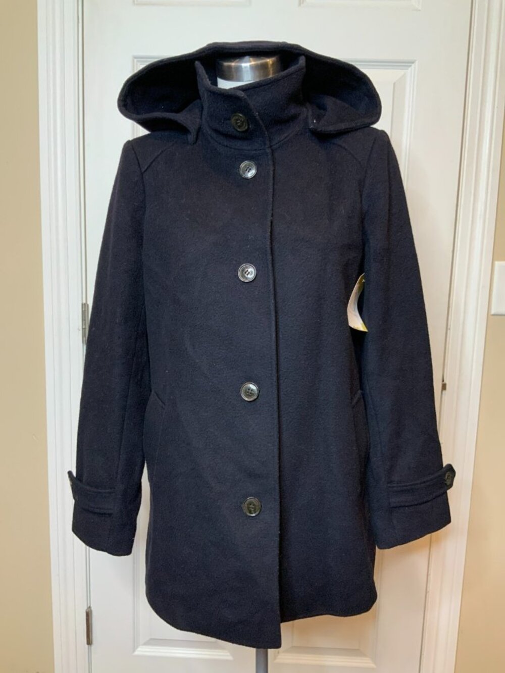 Lauren Ralph Lauren Navy Blue Wool Blend Button-Front Hooded Coat, Size 12